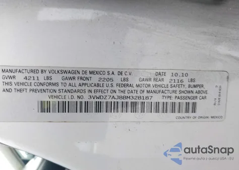 2011 Volkswagen Jetta 2.5L Se z USA, uszkodzony, nr VIN 3VWDZ7AJ8BM328187